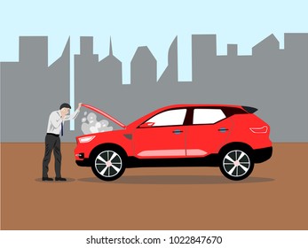 Businessman standing near broken SUV car and calling car service with mobile phone