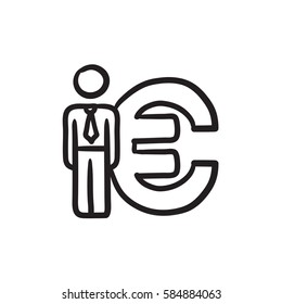 Businessman standing near Euro symbol vector sketch icon isolated on background. Hand drawn Businessman near Euro symbol icon. Businessman near Euro symbol sketch icon for infographic, website or app.