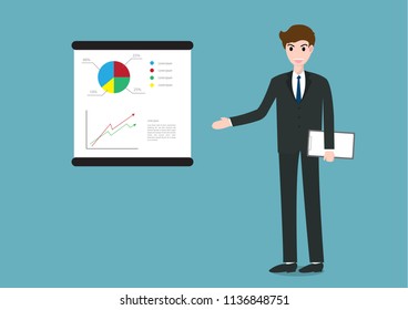 Businessman  standing near flip chart and present business concept or profit.Vector illustration