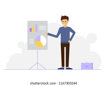 Businessman standing near flip chart and pointing graph and diagram.