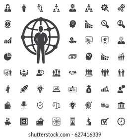 businessman standing near globe black web icon. vector concept illustration on white background. Business set of icons