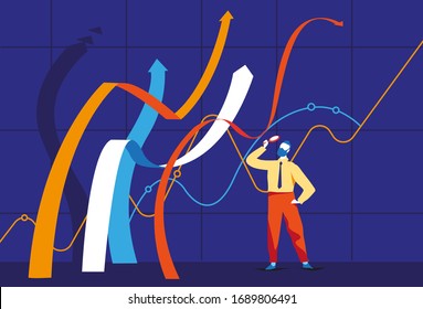 Businessman standing near growing graphs lines and looking at them through the magnifying glass