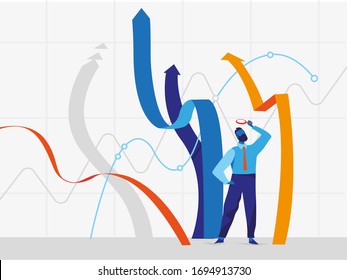 Businessman standing near growing graphs lines and looking at them through the magnifying glass