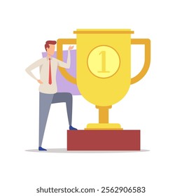 Businessman standing near huge champion cup vector illustration. Manager celebrating success. Business, leadership, achievement, triumph concept