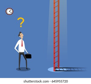 Businessman standing near ladder. Concept of doubtful, selecting the best solution and best possibilities. Vector illustration