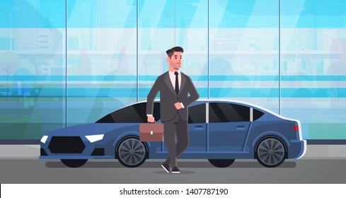 businessman standing near luxury car man in suit holding suitcase going to work business concept flat full length horizontal