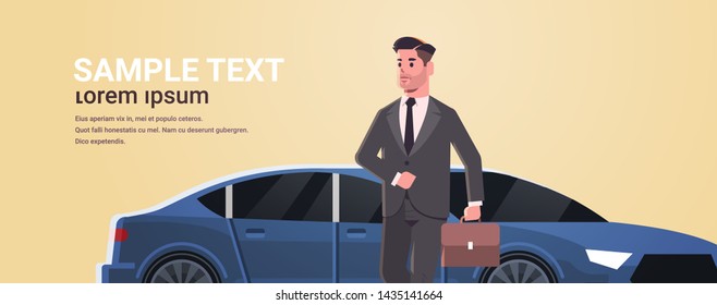 businessman standing near luxury car man in suit holding suitcase going to work business concept flat portrait horizontal copy space