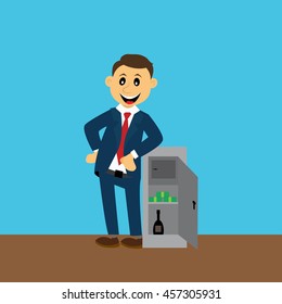 businessman standing near the safe. money. alcohol. vector illustration