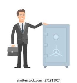 Businessman standing near safe and smiling