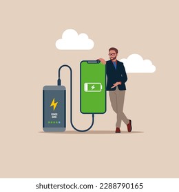 Businessman standing near smartphone with portable phone charger. Power bank charging smartphone. Flat vector illustration