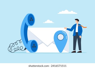 Businessman standing near telephone, email and location pin