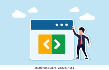 Businessman standing next to an app interface displaying programming symbols, illustration of planning related to creating a business application