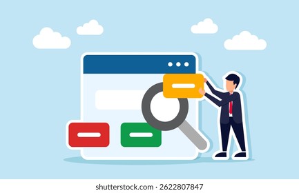 Empresário ao lado de uma interface de aplicativo e uma lente de aumento segurando um sinal, ilustração de pesquisa de informações relacionadas aos concorrentes e desenvolvimento de negócios