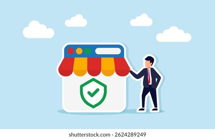 Businessman Standing Next to App Interface with Canopy Ornament and Green Checkmark Shield Representing Verified Seller in Marketplace