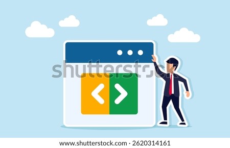Businessman standing next to an app interface displaying programming symbols, illustration of planning related to creating a business application