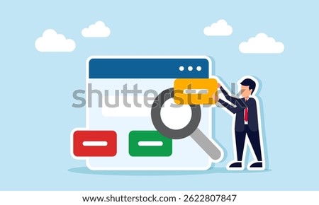 Businessman standing next to an app interface and a magnifying glass holding a sign, illustration of searching for information related to competitors and business development