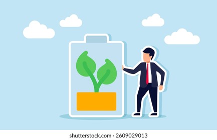 A businessman standing next to a battery with a plant inside, illustration of clean and eco green energy reserve
