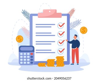 Businessman standing next to business document and calculator. Man planning budget of company flat vector illustration. Finances, taxes concept for banner, website design or landing web page