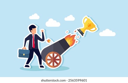 Businessman standing next to a cannon launching a trophy, illustration of efforts to increase achievements and performance as a leading company