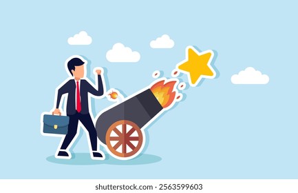 Businessman standing next to a cannon launching stars, illustration of efforts to improve business quality and performance