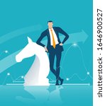 Businessman standing next to chess figure horse as symbol of success