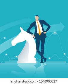 Businessman standing next to chess figure horse as symbol of success