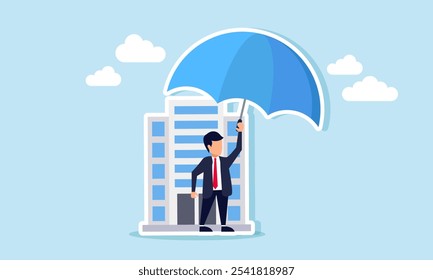 Empresário ao lado de um prédio da empresa, protegendo-o com um guarda-chuva, ilustração de proteção de ativos de negócios por meio de seguro