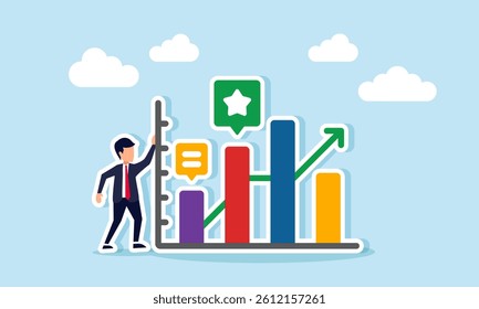 Businessman standing next to a complex chart, illustration of business performance and financial report complexity