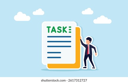 businessman standing next to a document labeled TASK, illustration of completing a business project task