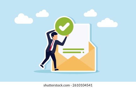 A businessman standing next to an envelope containing documents while holding a check mark, illustration of document verification and business company authenticity
