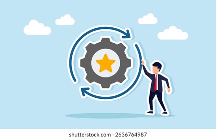 Businessman standing next to a gear with a star sign and surrounding arrows illustration of the need for periodic business quality standard improvisation