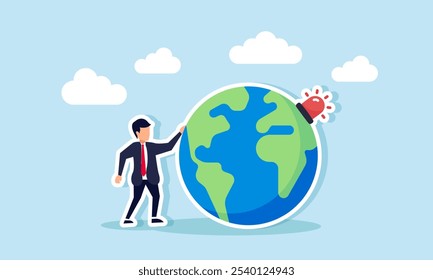 A businessman standing next to a globe with an alarm light, illustration of alertness in global business trends relevant to the target market