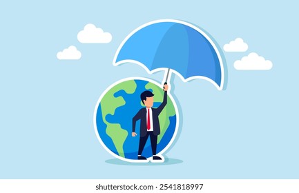 A businessman standing next to a globe, shielding it with an umbrella, illustration of protecting the Earth from business practices that harm the environment and ignore go green