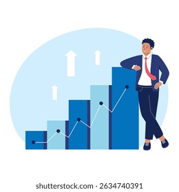 Empresário ao lado do Gráfico de Crescimento e da Ilustração do Gráfico Crescente. Ilustrações para sites, landing pages, aplicativos móveis, cartazes e banners