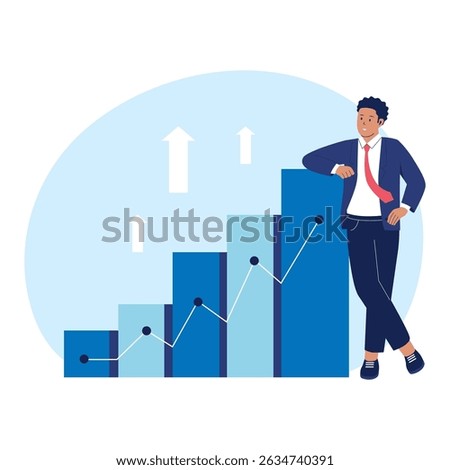 Businessman Standing Next to Growth Chart and Increasing Graph Illustration. Illustrations for websites, landing pages, mobile apps, posters and banners
