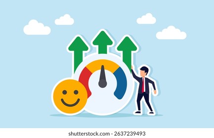 Businessman standing next to happy emoticon and level indicator with rising arrow illustration of monitoring public attention rate or review