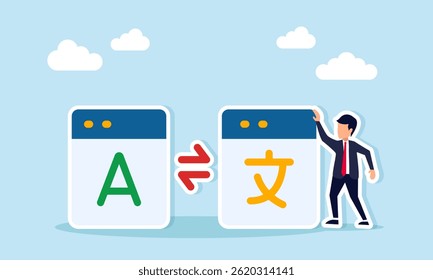 Businessman standing next to information exchange between two language apps, illustration of cultural acculturation or globalization in language