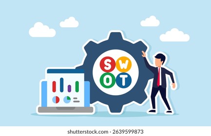 businessman standing next to laptop displaying data chart and gear with SWOT text illustration of research and analysis of business system performance