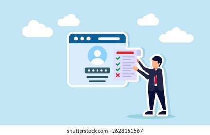 Empresário ao lado da interface do aplicativo de logon segurando papel com lista de tarefas concluídas e pendentes ilustração de segurança do aplicativo para concluir projetos de negócios digitalmente