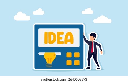 Businessman standing next to a machine labeled Idea with light bulb coming out illustration of receiving suggestions for the right business ideas