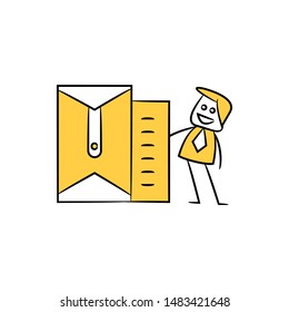 businessman standing next to mail and document yellow stick figure design
