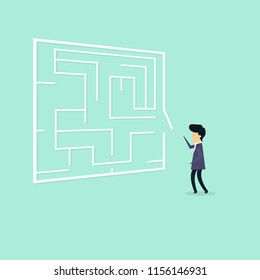 Businessman standing next to a maze solution and challenge concept, vector illustrator