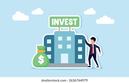 Businessman standing next to a money bag and a building labeled invest illustration of managing business financial investment