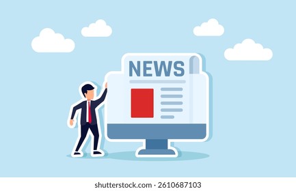 Businessman standing next to a monitor displaying a newspaper, illustration of newspaper digitalization