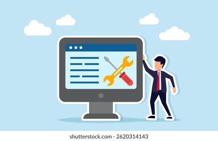 Businessman standing next to a monitor displaying a screwdriver and wrench, illustration of online and digital alarm related to routine service schedule