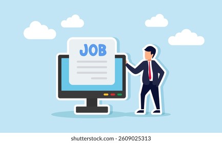 Businessman standing next to a monitor with a paper labeled JOB, illustration of data input related to job vacancy