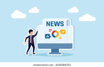Businessman standing next to monitor showing news with chart illustration of global business development related to market segmentation