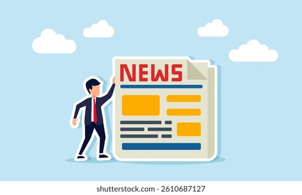 Businessman standing next to a newspaper, illustration of business in the news sector