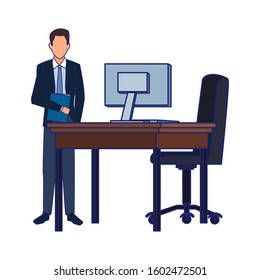 businessman standing next to office chair and desk over white background, colorful design, vector illustration
