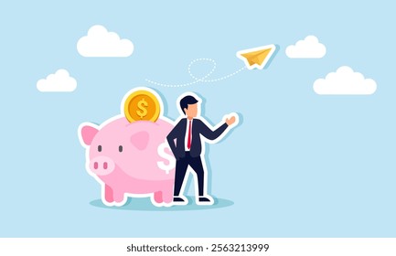 A businessman standing next to a piggy bank observing flying paper planes, illustration of monitoring and analyzing business trends to improve financial performance